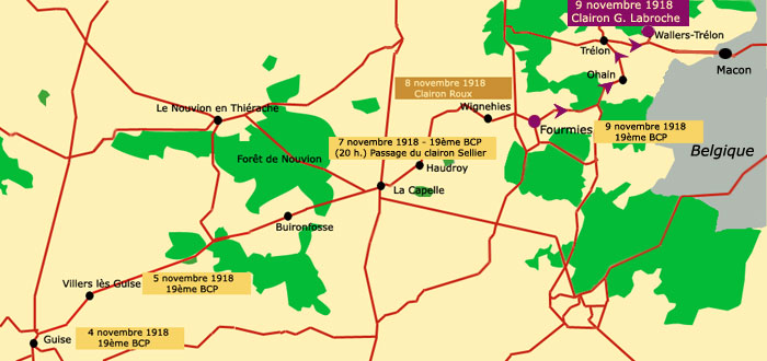 Carte des dplacements du 19me BCP et du clairon G. Labroche (JPG)