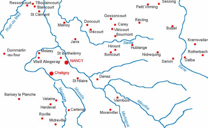 Villages de la Meurthe dtruits pendant la Guerre de Trente Ans. Nancy et Chaligny sont indiqus pour faciliter le reprage. (JPG)